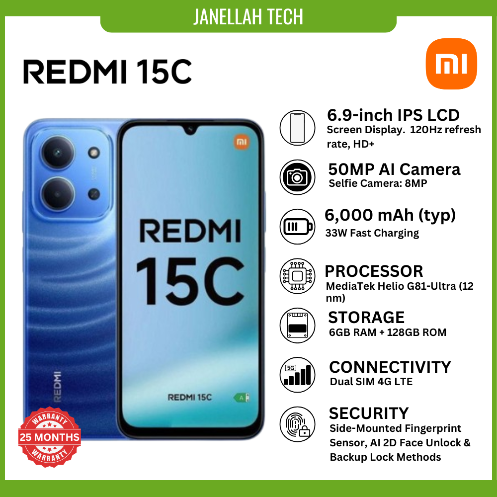 [Exclusive Offer] Brand New Xiaomi Redmi 15C (4G) Smartphone, 4GB + 128GB, 6GB + 128GB, 8GB + 256GB, 6.9-inch, IPS LCD with Corning Gorilla Glass 3, 50 MP Main Camera, 8MP Front Camera, 6,000 mAh
