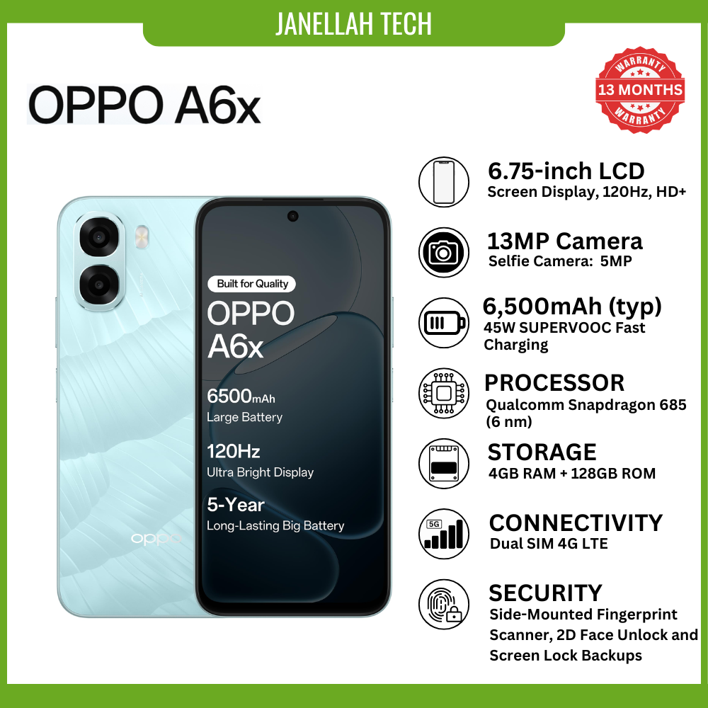 [Exclusive Offer+ Free Earphone & Screen Protector] Brand New Oppo A6X Smartphone,4G LTE, 6.75-inch IPS LCD, 120Hz, 13 MP Back camera,5 MP Front, 6,500 mAh battery, Android 15