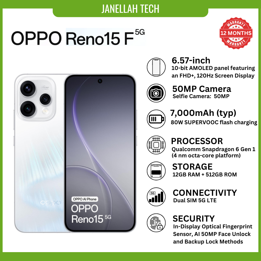 [Exclusive Offer+ Free Earphone & Screen Protector] Brand New OPPO Reno15 F 5G (12GB RAM + 512GB ROM) smartphone, 7,000mAh Battery,50MP ultra-wide front lens, Android 16,6.57-inch AMOLED, 120Hz
