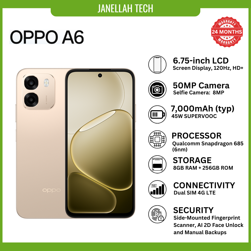 [Exclusive Offer+ Free Earphone & Screen Protector] Brand New OPPO A6 4G Massive 7,000 mAh battery, 45W SUPERVOOC Flash Charge,6.75-inch IPS LCD panel,120Hz, 6GB, or 8GB RAM,128GB or 256GB, Android 15