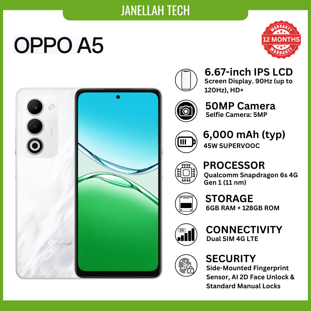 [Exclusive Offer+ Free Earphone & Screen Protector] Brand New OPPO A5 (4G) Smartphone, ( 6 + 128) 6.67 inches,Corning Gorilla Glass, Main 50 MP, Front 5MP, 6000 mAh, 45W SUPERVOOC™, Android 15