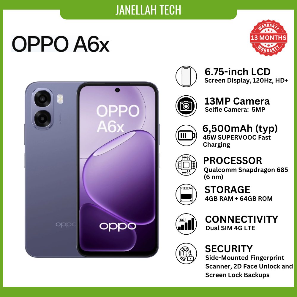 [Exclusive Offer+ Free Earphone & Screen Protector] Brand New Oppo A6X Smartphone,4G LTE, 6.75-inch IPS LCD, 120Hz, 13 MP Back camera,5 MP Front, 6,500 mAh battery, Android 15