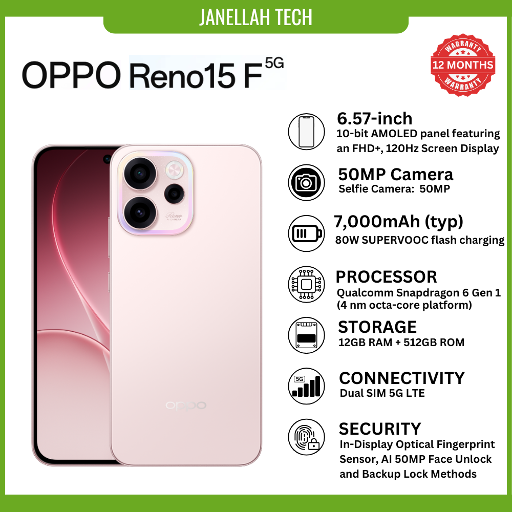 [Exclusive Offer+ Free Earphone & Screen Protector] Brand New OPPO Reno15 F 5G (12GB RAM + 512GB ROM) smartphone, 7,000mAh Battery,50MP ultra-wide front lens, Android 16,6.57-inch AMOLED, 120Hz