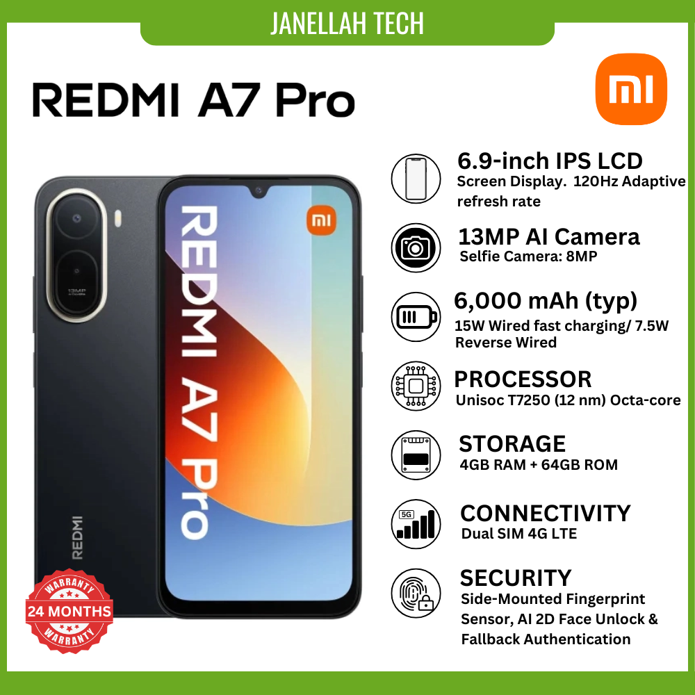 [Exclusive Offer] Brand New Redmi A7 Pro (4GB RAM + 64GB Storage) 4G Smartphone,6.9-inch HD+ IPS LCD, Android 16, 13MP AI Dual Camera, 8MP Front Camera,6000mAh,5W wired fast charging via USB Type-C