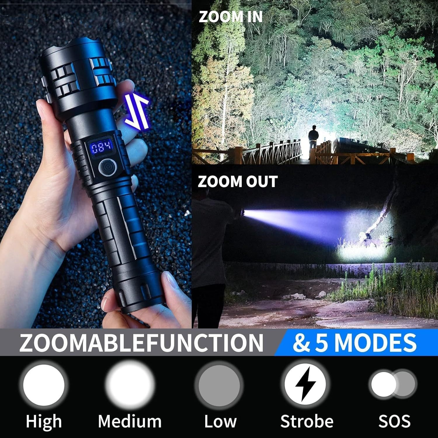 Aluminum LED Flashlight - 500M Long Range Waterproof Torch