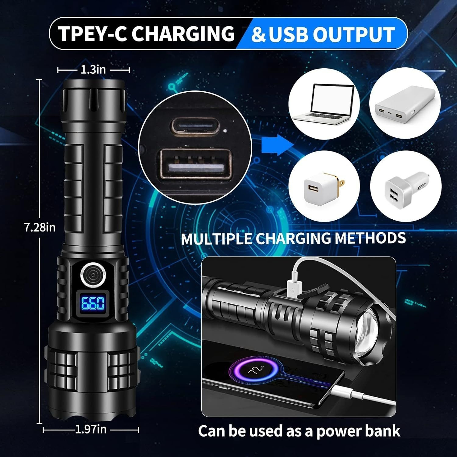 Aluminum LED Flashlight - 500M Long Range Waterproof Torch