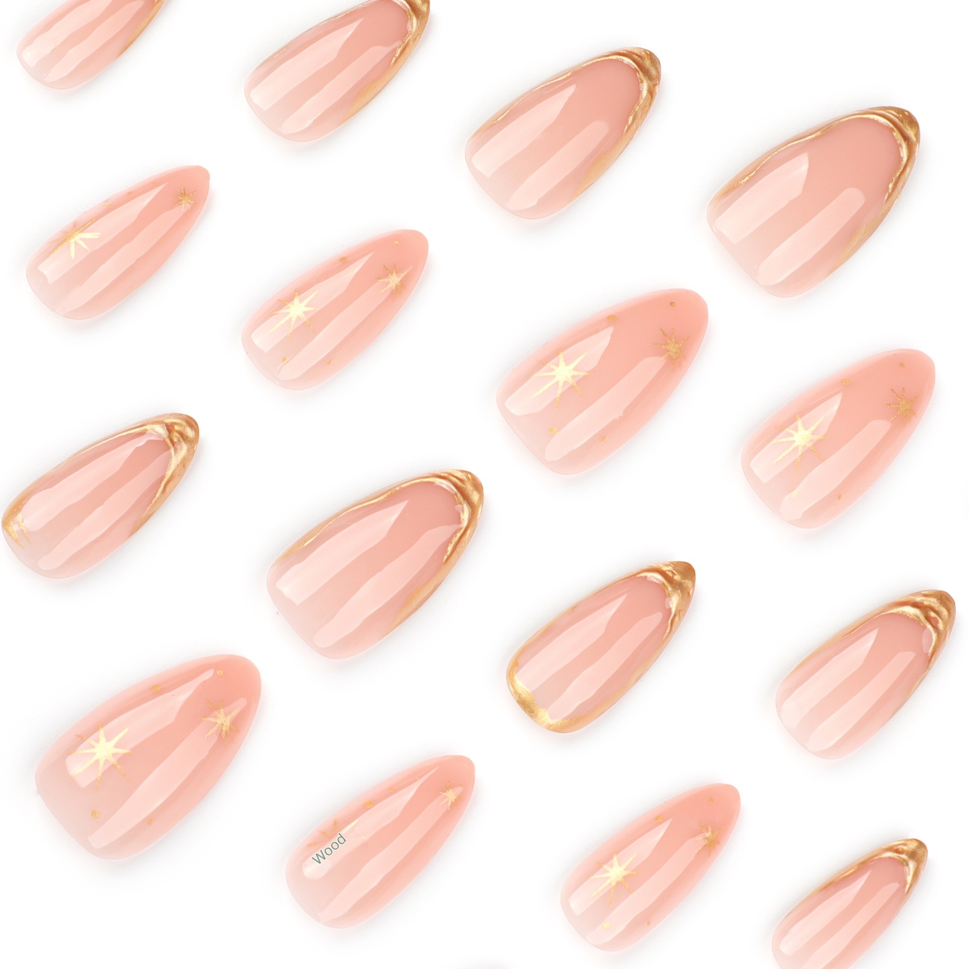 Press On Nails, Gold Foil Almond False Nails, Reusable Nude Golden Line Star Artificial Nail view 2