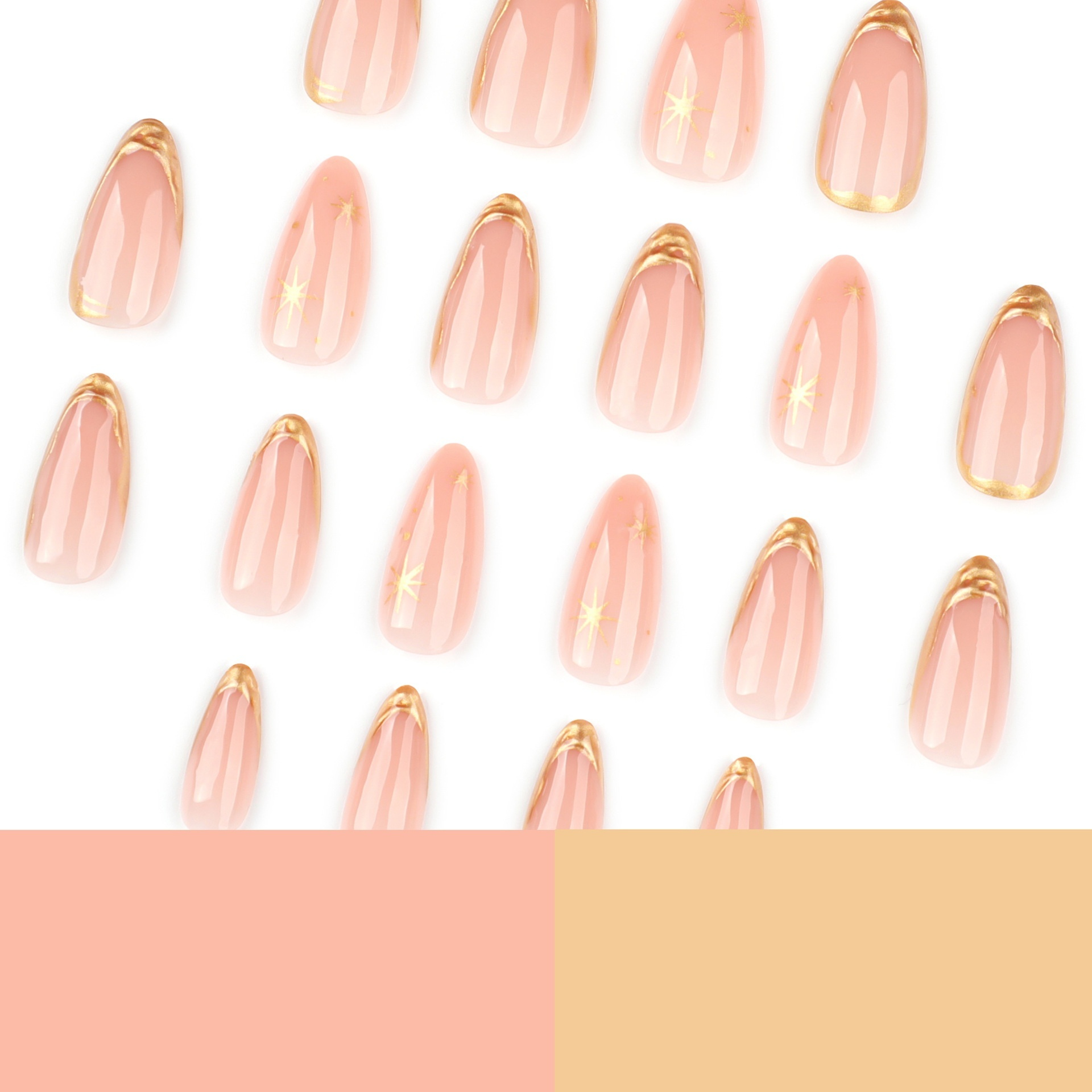 Press On Nails, Gold Foil Almond False Nails, Reusable Nude Golden Line Star Artificial Nail view 4