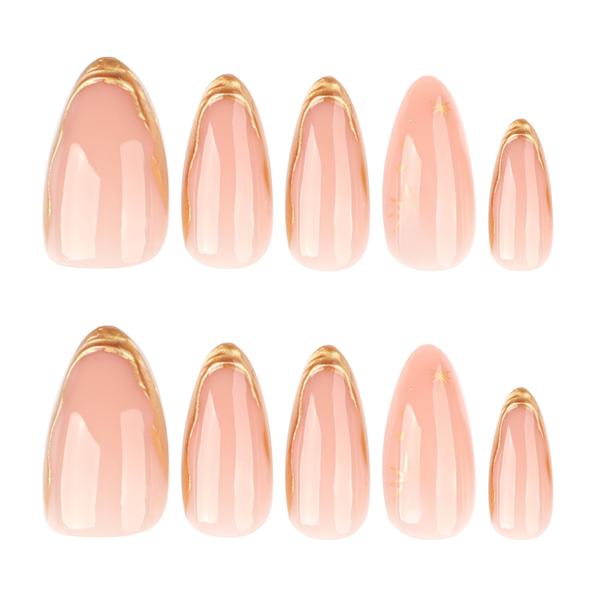 Press On Nails, Gold Foil Almond False Nails, Reusable Nude Golden Line Star Artificial Nail view 5