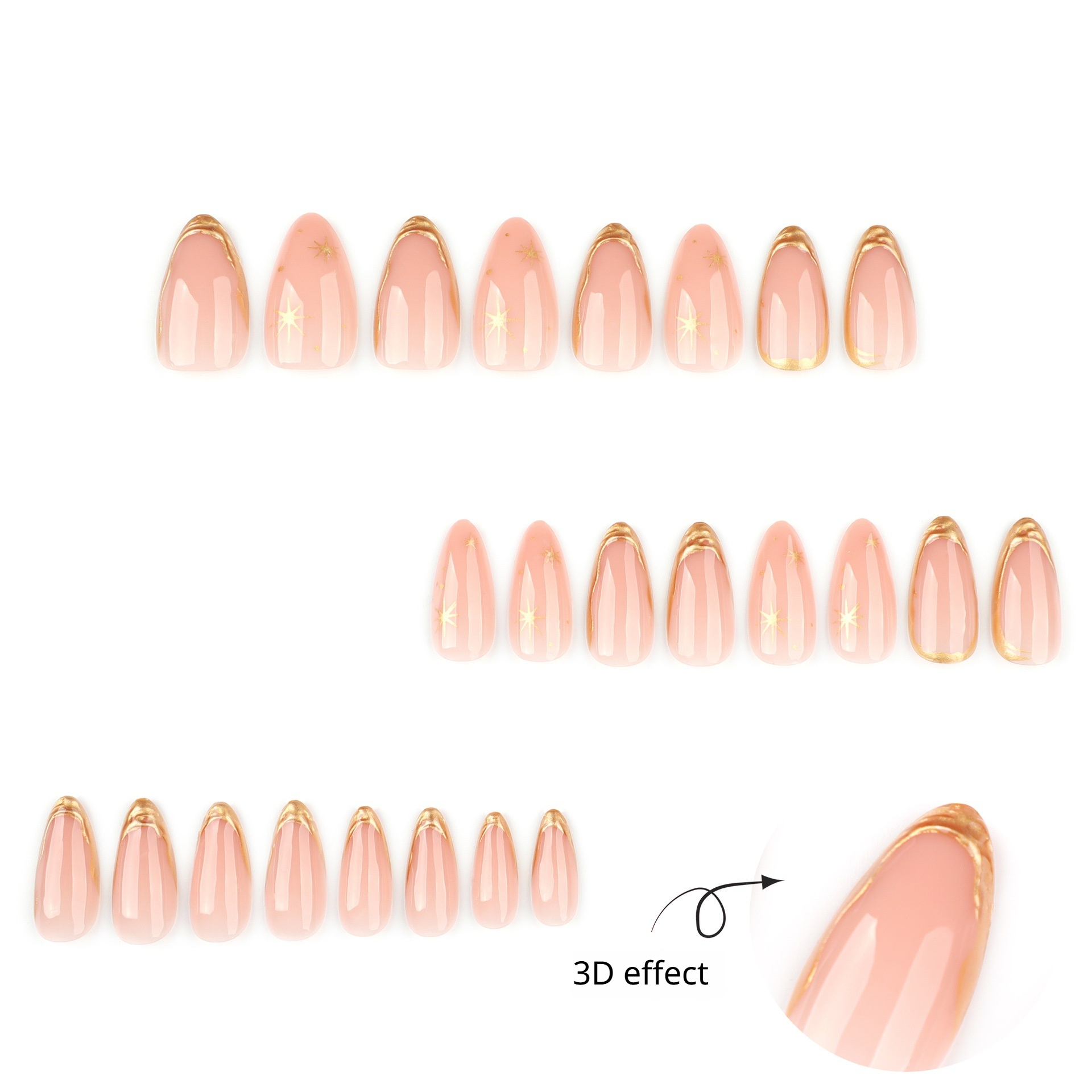Press On Nails, Gold Foil Almond False Nails, Reusable Nude Golden Line Star Artificial Nail view 3
