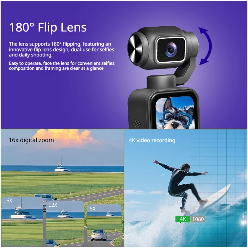 4K HD Pocket Handheld Camera,180° Rotatable Lens Mini Vlog Camera,EIS Anti‑Shake Portable Digital Video Camera for Travel Outdoor