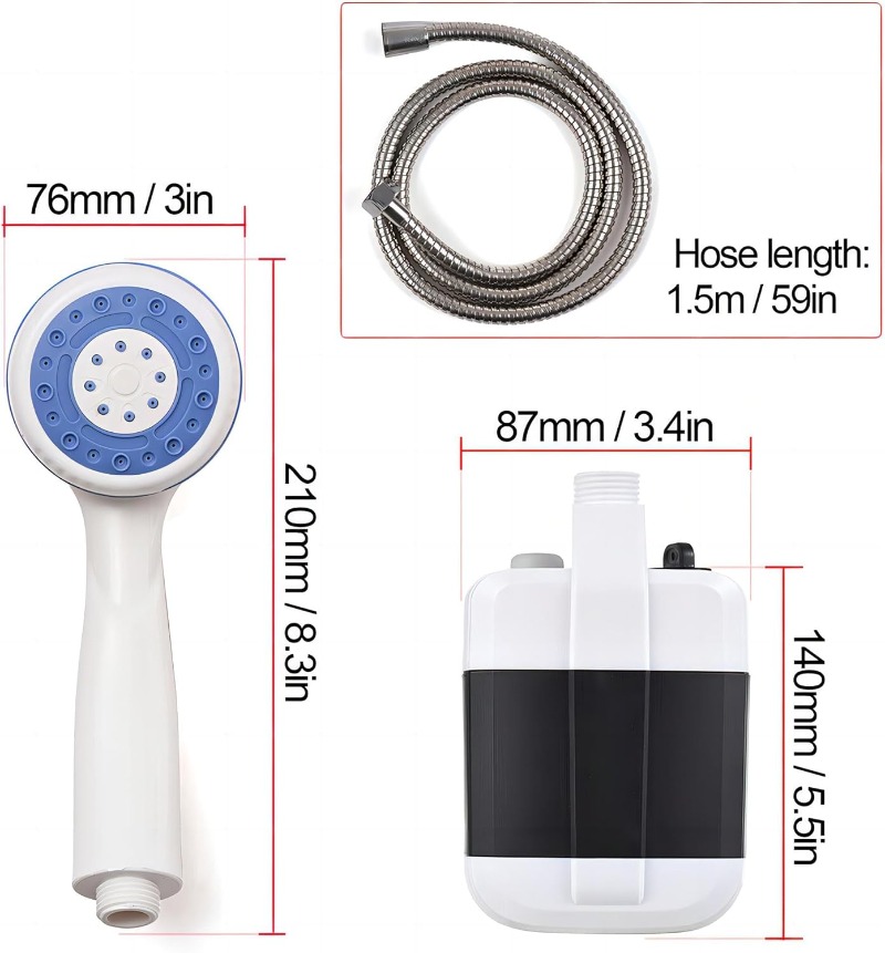 Smart Shower Portable USB Rechargeable Electric Shower Kit with 150cm Metal Shower Nozzle Hose, Outdoor Camping Shower Pump, RV, Dormitory, USB Rechargeable Electric Shower Pump