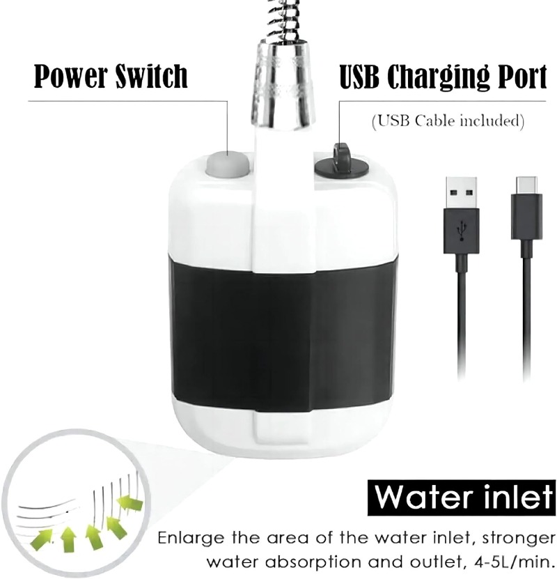 Smart Shower Portable USB Rechargeable Electric Shower Kit with 150cm Metal Shower Nozzle Hose, Outdoor Camping Shower Pump, RV, Dormitory, USB Rechargeable Electric Shower Pump