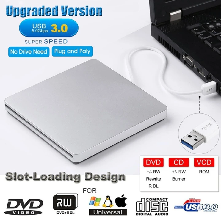 USB 3.0 External Slot-in DVD Drive, Portable CD/DVD +/-RW Burner for Laptop, Desktop & Mac, Plug and Play