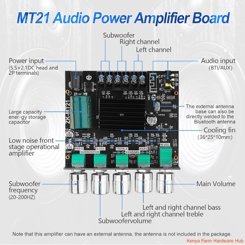 Bluetooth 5.0 Audio Amplifier Board, ZK-MT21 2.1 Channel 50W X 2 +100W Mini Subwoofer Power Amp HiFi Digital Audio Amp Module for Home Speakers (20-100W, 4-8), DC 12-24V, BT AUX Input