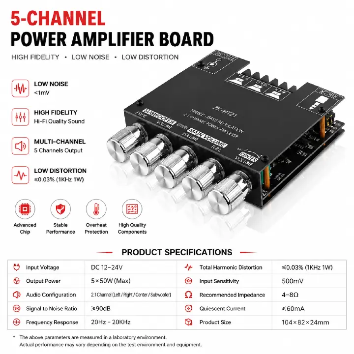 Bluetooth 5.0 Audio Amplifier Board, ZK-MT21 2.1 Channel 50W X 2 +100W Mini Subwoofer Power Amp HiFi Digital Audio Amp Module for Home Speakers (20-100W, 4-8), DC 12-24V, BT AUX Input