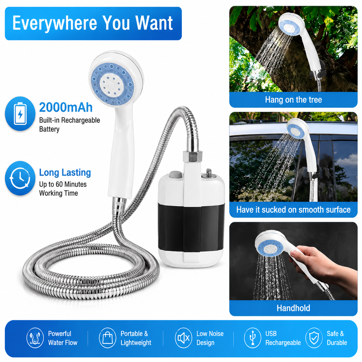 Smart Shower Portable USB Rechargeable Electric Shower Kit with 150cm Metal Shower Nozzle Hose, Outdoor Camping Shower Pump, RV, Dormitory, USB Rechargeable Electric Shower Pump