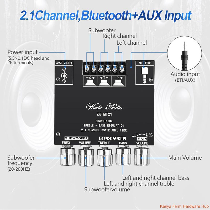 Bluetooth 5.0 Audio Amplifier Board, ZK-MT21 2.1 Channel 50W X 2 +100W Mini Subwoofer Power Amp HiFi Digital Audio Amp Module for Home Speakers (20-100W, 4-8), DC 12-24V, BT AUX Input