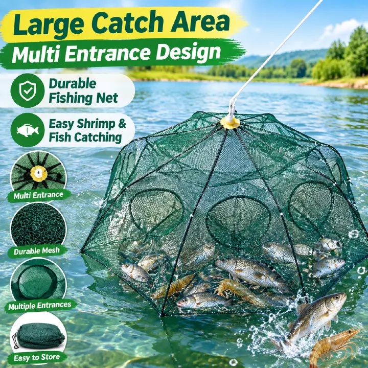 Foldable Umbrella Fishing Bait Trap, Automatic Shrimp Crab Minnow Cage with Only-in No-out Design, Full Accessories Fishing Net for River Lake Pond Fishing