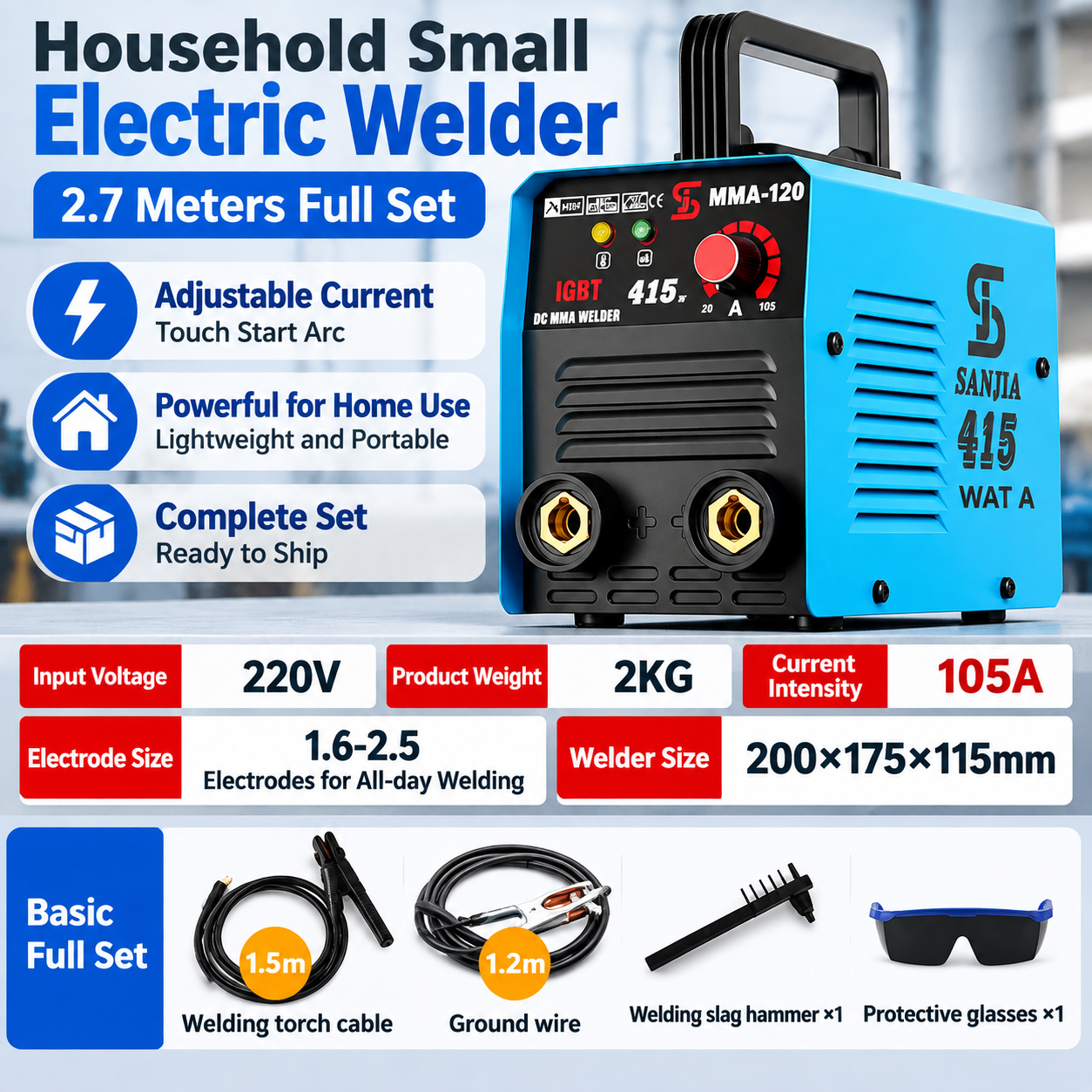 【 Intelligent Display Frequency 】 MMA-120 IGBT inverter DC welding machine, 120A mini portable MMA welding machine, supports 3.2mm electrode all-weather welding, household industrial welding machine