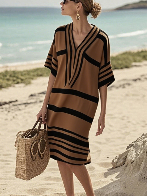 Vacation style contrasting striped V-neck dress, summer cotton and linen texture, loose and slimming casual mid length skirt
