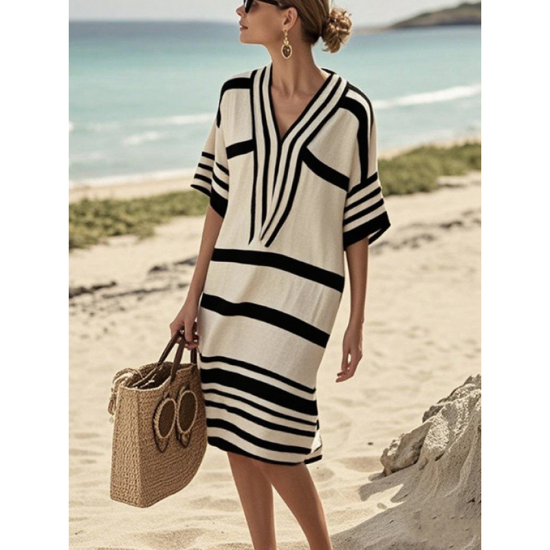 Vacation style contrasting striped V-neck dress, summer cotton and linen texture, loose and slimming casual mid length skirt