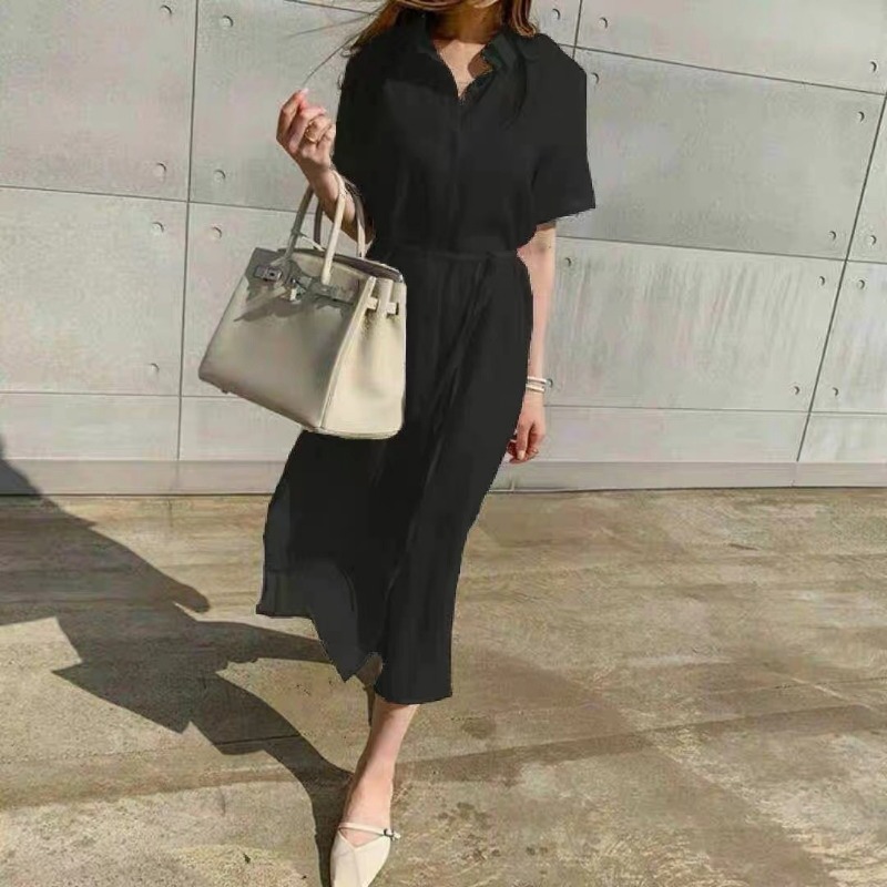 Linen shirt dress, women's summer lapel tie, waist cinching, slimming, commuting, casual slit, long skirt