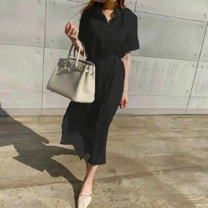 Linen shirt dress, women's summer lapel tie, waist cinching, slimming, commuting, casual slit, long skirt