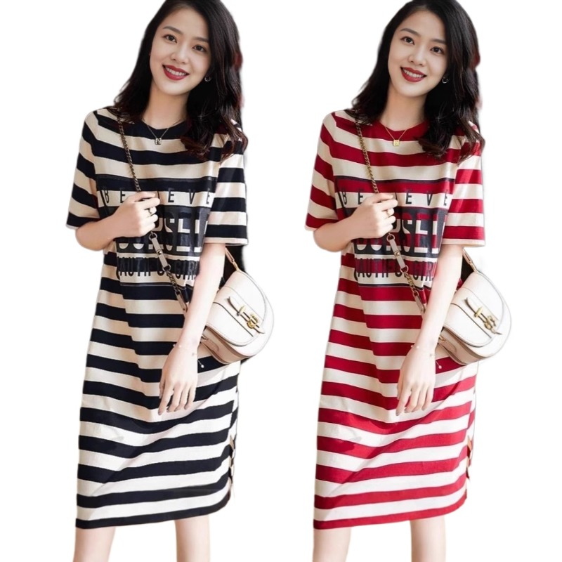 Casual striped letter printed T-shirt dress for summer, loose and slimming, slit straight tube lazy mid length skirt