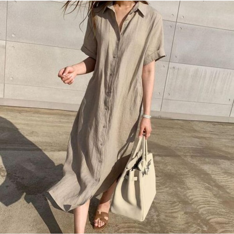 Linen shirt dress, women's summer lapel tie, waist cinching, slimming, commuting, casual slit, long skirt