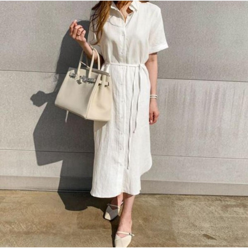Linen shirt dress, women's summer lapel tie, waist cinching, slimming, commuting, casual slit, long skirt