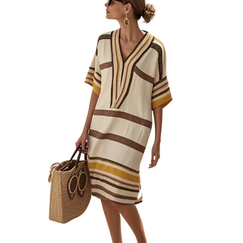 Vacation style contrasting striped V-neck dress, summer cotton and linen texture, loose and slimming casual mid length skirt