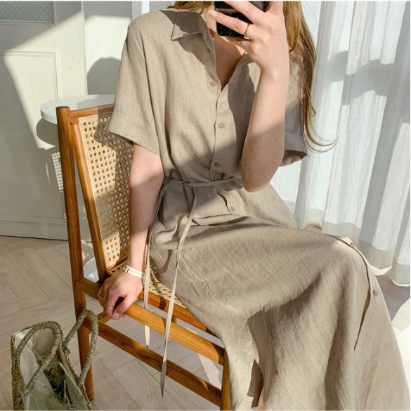 Linen shirt dress, women's summer lapel tie, waist cinching, slimming, commuting, casual slit, long skirt