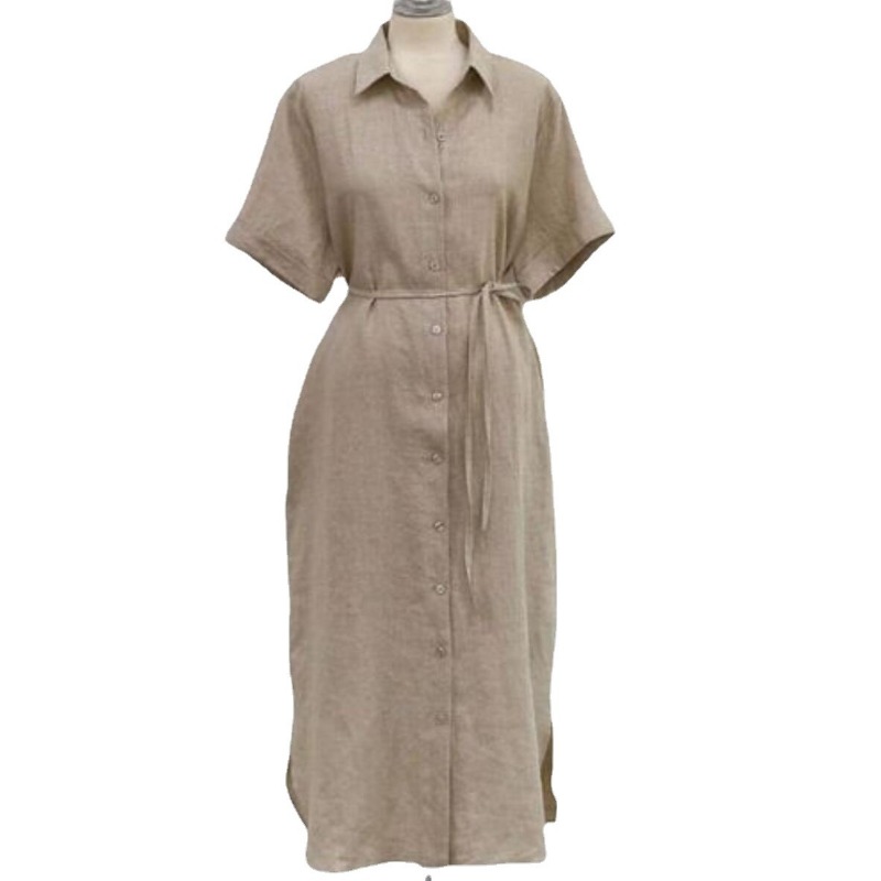 Linen shirt dress, women's summer lapel tie, waist cinching, slimming, commuting, casual slit, long skirt