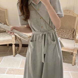 New French-style Polo neck shirt dress, fitted waist with lace-up design for a slimming effect and hip coverage, A-line mid-length dress