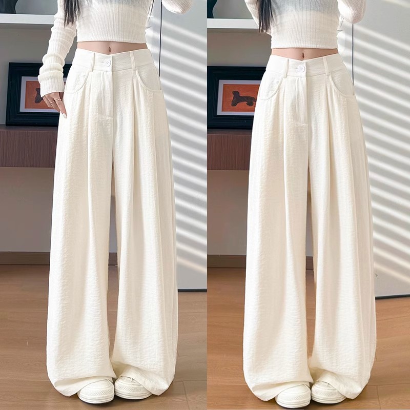 New style ice silk denim wide-leg pants, high waist with pleated waistband for a slimming effect, draping and loose fit, floor-length pants