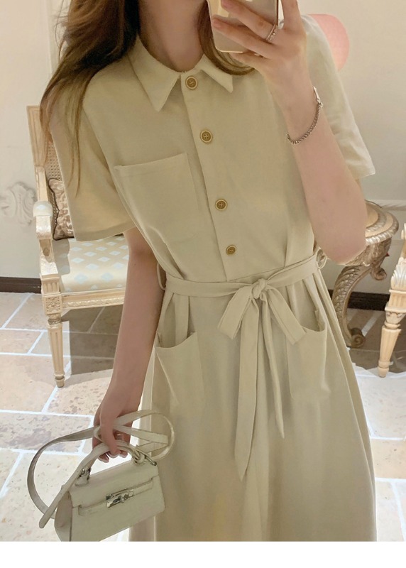 New French-style Polo neck shirt dress, fitted waist with lace-up design for a slimming effect and hip coverage, A-line mid-length dress
