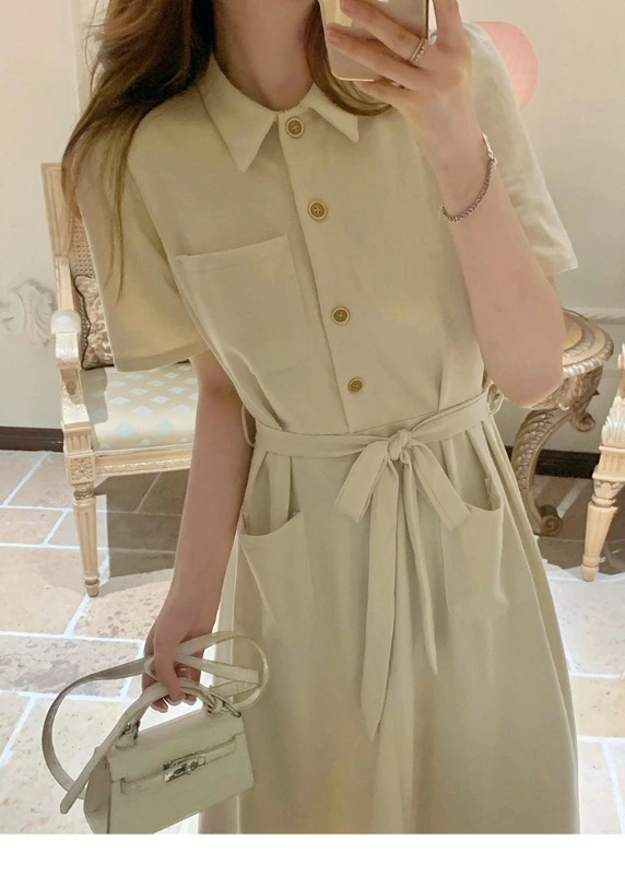 New French-style Polo neck shirt dress, fitted waist with lace-up design for a slimming effect and hip coverage, A-line mid-length dress