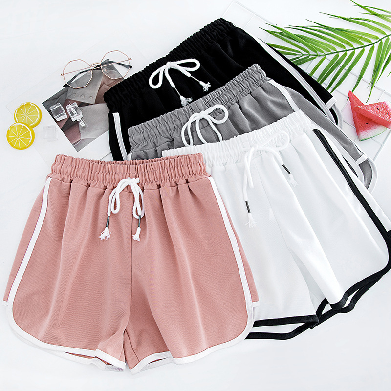 Color blocking sports shorts for women in summer, elastic waistband drawstring for slimming and wide leg A-line home casual running hot pants