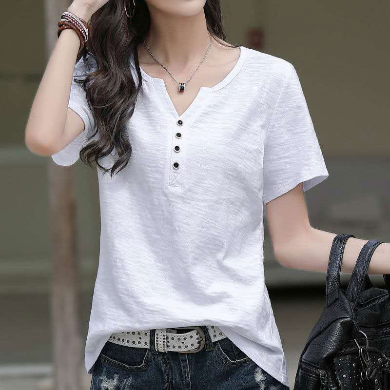 New Korean style small V-neck T-shirt, made of slub cotton, breathable, with metal button decoration, loose-fitting, slimming, concealing, short-sleeved top