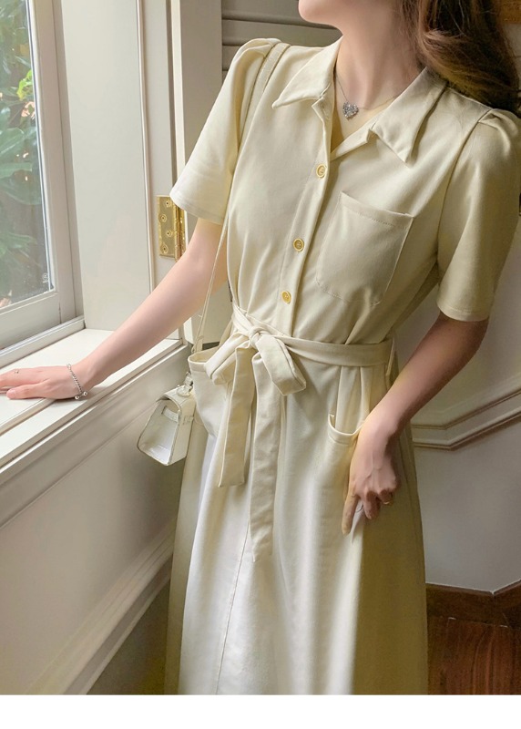 New French-style Polo neck shirt dress, fitted waist with lace-up design for a slimming effect and hip coverage, A-line mid-length dress