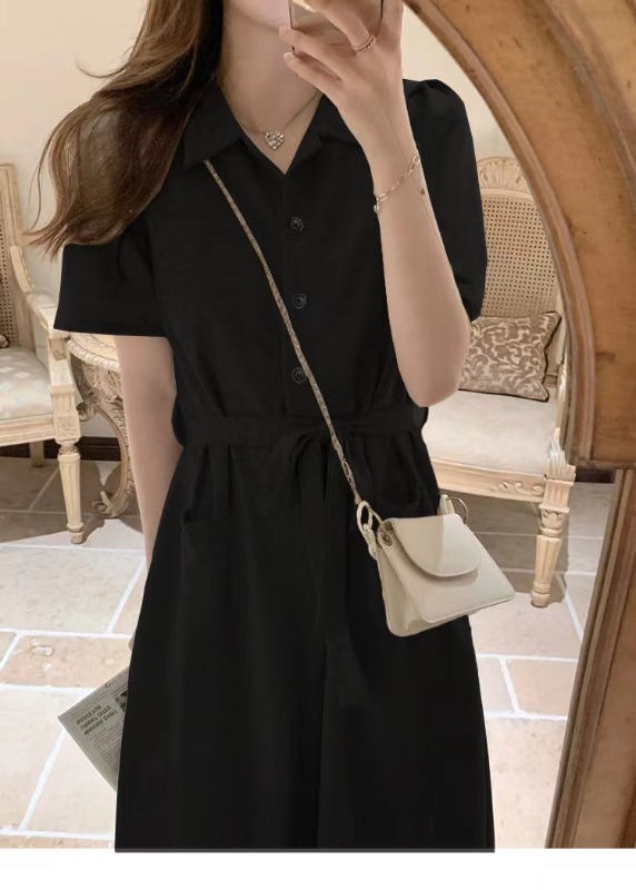 New French-style Polo neck shirt dress, fitted waist with lace-up design for a slimming effect and hip coverage, A-line mid-length dress