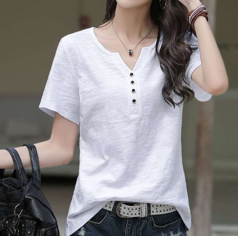 New Korean style small V-neck T-shirt, made of slub cotton, breathable, with metal button decoration, loose-fitting, slimming, concealing, short-sleeved top