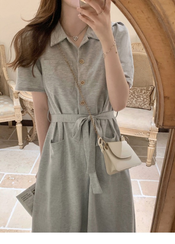 New French-style Polo neck shirt dress, fitted waist with lace-up design for a slimming effect and hip coverage, A-line mid-length dress