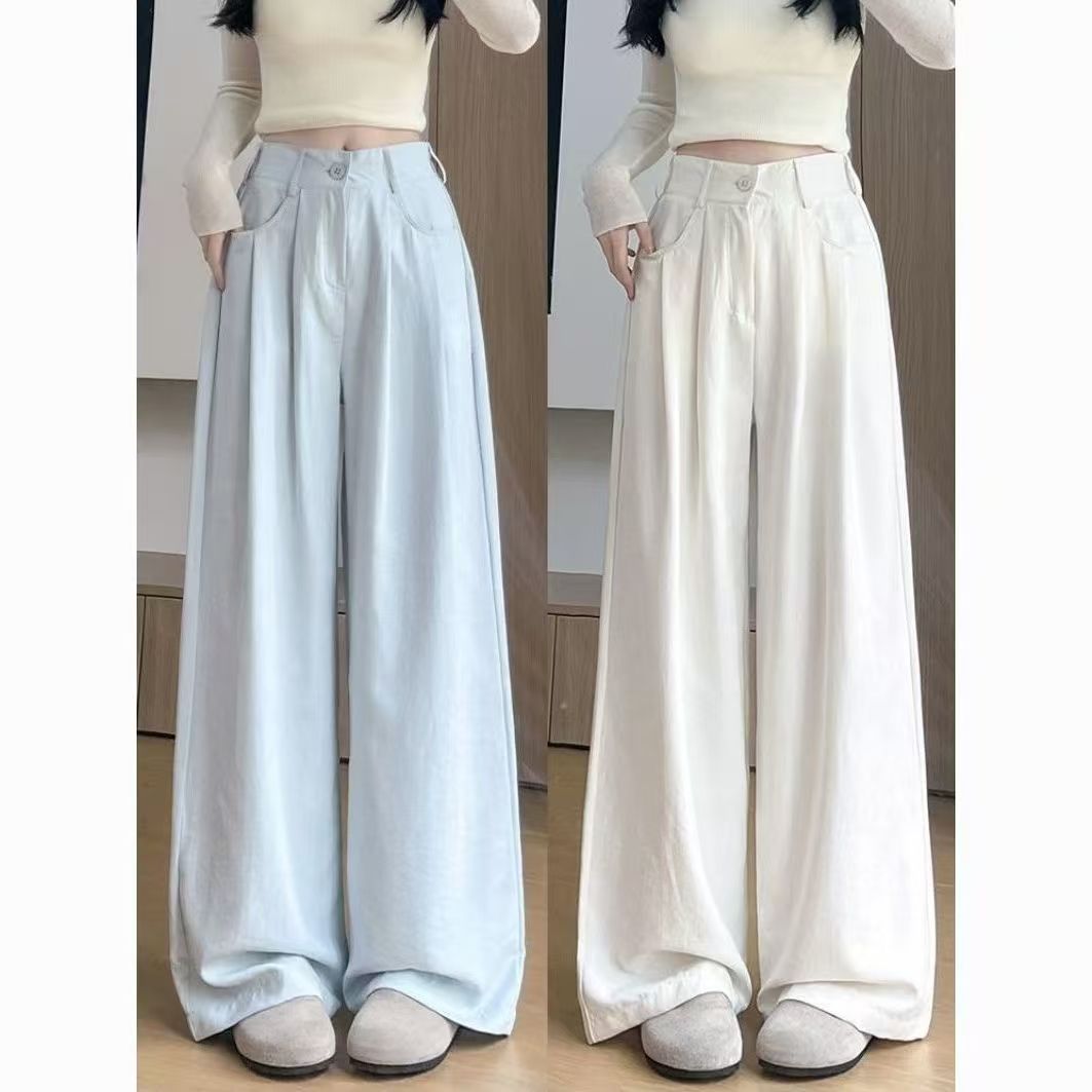 New style ice silk denim wide-leg pants, high waist with pleated waistband for a slimming effect, draping and loose fit, floor-length pants