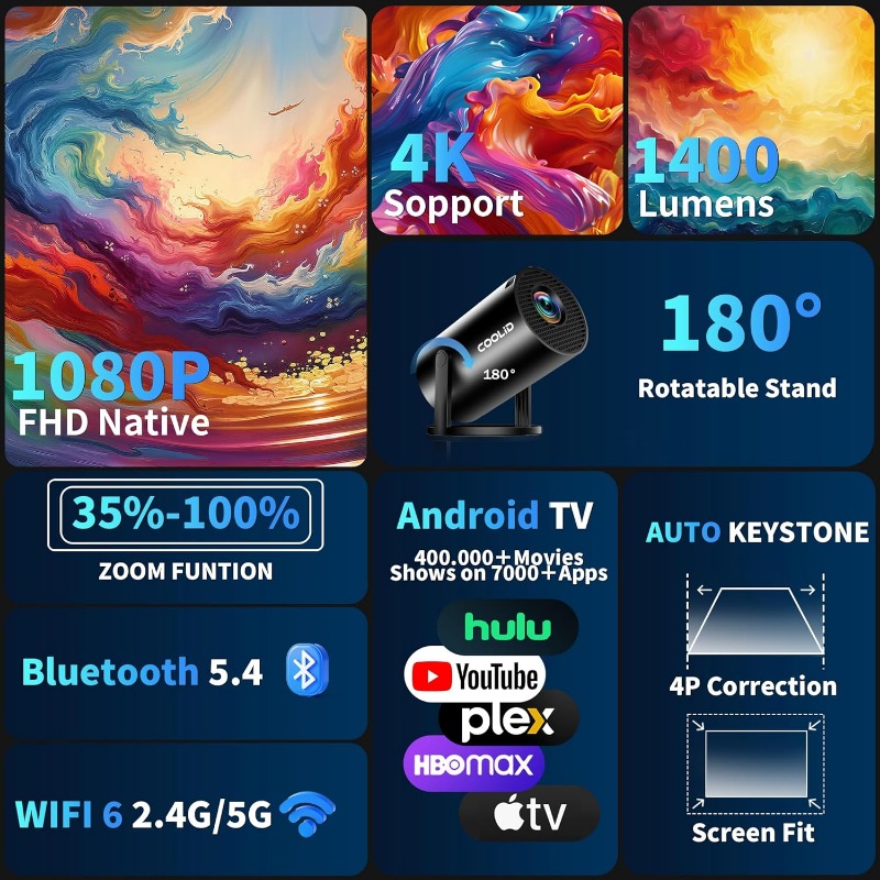 【2026 Upgraded & Android 11.0】Portable Projector Support 4K 1080P with Dual Band 5G WiFi 6 and Bluetooth 5.4 180° Rotatable Auto Keystone Correction Compatible with HDMI/USB/PC