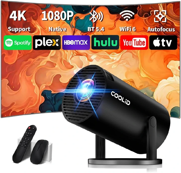【2026 Upgraded & Android 11.0】Portable Projector Support 4K 1080P with Dual Band 5G WiFi 6 and Bluetooth 5.4 180° Rotatable Auto Keystone Correction Compatible with HDMI/USB/PC