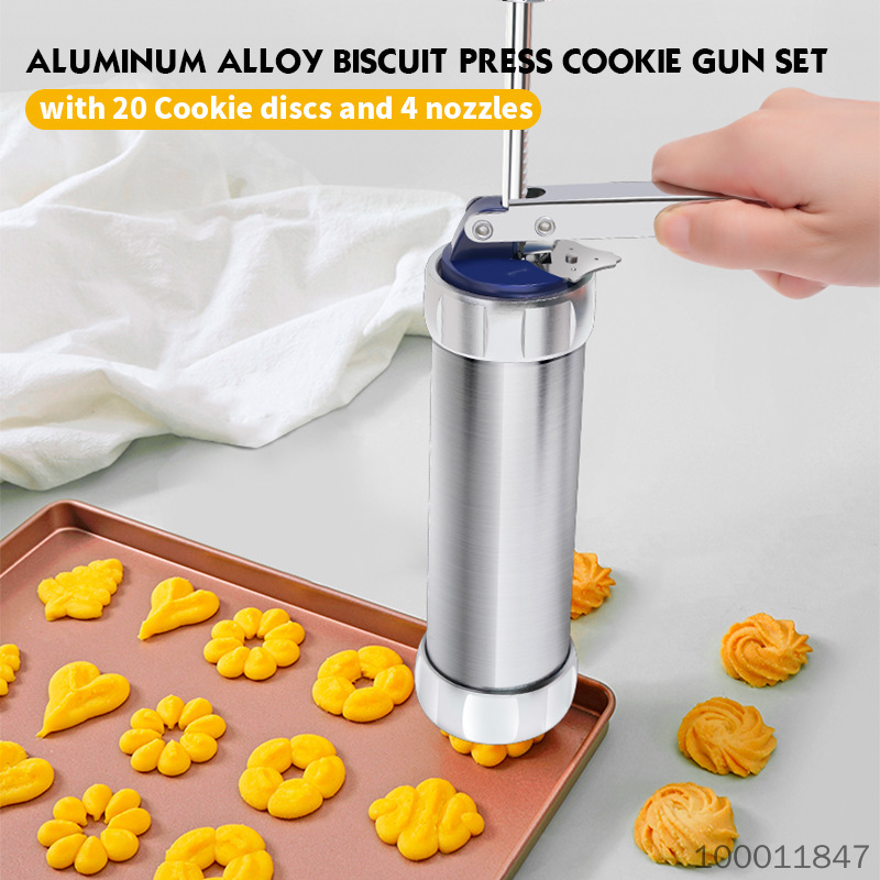 New Upgraded Stainless Steel Cookie Press Gun, 20 Discs + 4 Icing Nozzles, Household Baking Biscuit Maker, Cream Piping Tool, Christmas Cookie Making Kit