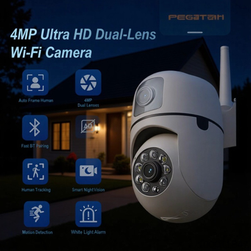 16MP Ultra HD Dual-Lens Wireless Wi-Fi Camera, Auto Human Tracking Smart Night Vision, Motion Detection White Light Alarm, Home Outdoor Waterproof Panoramic Security Camera
