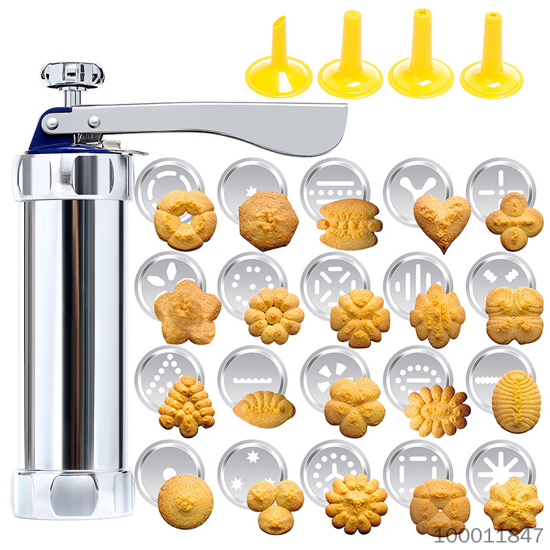 New Upgraded Stainless Steel Cookie Press Gun, 20 Discs + 4 Icing Nozzles, Household Baking Biscuit Maker, Cream Piping Tool, Christmas Cookie Making Kit